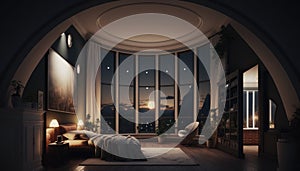 Luxury penthouse bedroom at night, ai generative