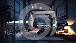 Luxury penthouse bedroom at night, ai generative