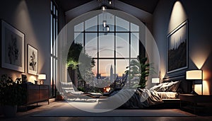 Luxury penthouse bedroom at night, ai generative