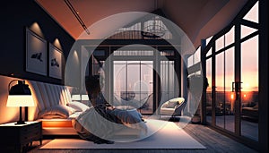 Luxury penthouse bedroom at night, ai generative