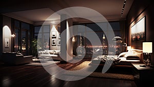 Luxury penthouse bedroom at night, ai generative