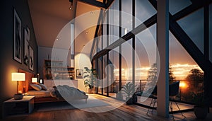 Luxury penthouse bedroom at night, ai generative