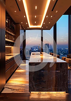 Luxury penthouse kitchen with panoramic city views and sleek design twilight lighting