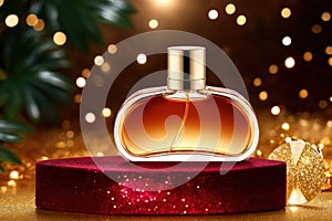 Luxury perfume, cosmetic premium glass bottle. Banner, poster for beauty promotion of elegant golden sparkle glittering light
