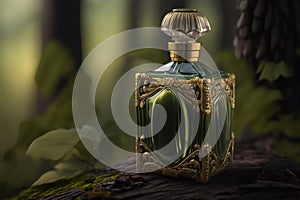 Luxury perfume in an expensively decorated green bottle standing in forest outdoors