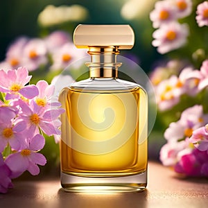 Luxury perfume with floral scent for women in the flower garden. Generative AI