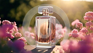 Luxury perfume with floral scent for women, glass fragrance bottle in the flower garden among blooming flowers on a