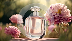 Luxury perfume with floral scent for women, glass fragrance bottle in the flower garden among blooming flowers on a