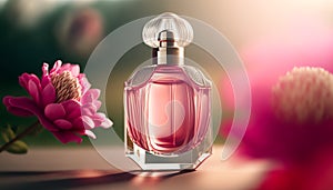 Luxury perfume with floral scent for women, glass fragrance bottle in the flower garden among blooming flowers on a