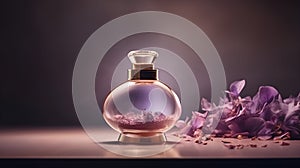 Luxury perfume glass bottle with lilac flower petals on marble, cinematic smoke realistic minimalist white light background