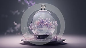 Luxury perfume glass bottle with lilac flower petals on marble, cinematic smoke realistic minimalist white light background