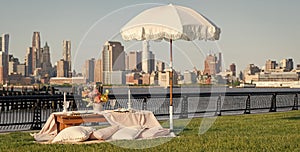 luxury picnic dinner. summer outdoor romance. romantic picnic in summer. summer picnic in the central park. romantic