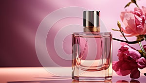 Luxury pink perfume bottle, scented liquid, elegance in a glass generated by AI