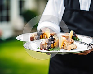 Luxury plate with appetisers served by a waiter at an exquisite event outdoors, fine dining, post-processed, generative