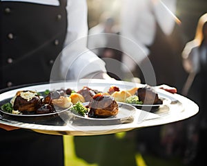 Luxury plate with appetisers served by a waiter at an exquisite event outdoors, fine dining, post-processed, generative ai