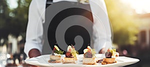 Luxury plate with appetisers served by a waiter at an exquisite event outdoors, fine dining, post-processed, generative ai