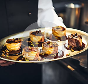 Luxury plate with appetisers served by a waiter at an exquisite event outdoors, fine dining, post-processed, generative ai