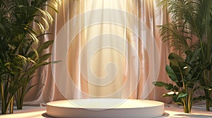 Luxury podium with plant and curtain .bright background