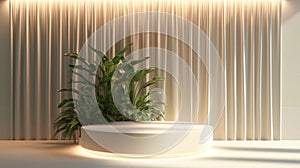 Luxury podium with plant and curtain .bright background