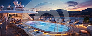 Luxury pool deck at modern cruise ship at summer vacation