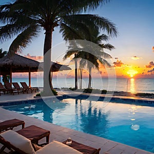 A luxury pool sunset with a palm tree silhouette.
