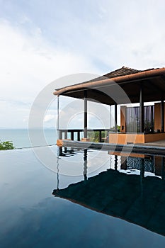 Luxury pool villa hotel resort and spa famous travel place on vacation in Sri Panwa, Phuket, Thailand vertical sky view, blue sea