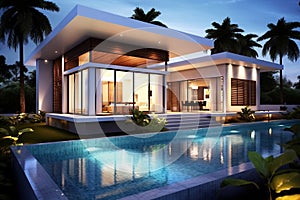 Luxury Pool Villa Minimalist Blueprint and Floorplans. AI