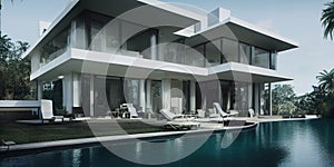 Luxury pool villa spectacular contemporary design digital art real estate , home, house and property, Generative AI