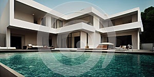 Luxury pool villa spectacular contemporary design digital art real estate , home, house and property, Generative AI