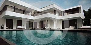 Luxury pool villa spectacular contemporary design digital art real estate , home, house and property, Generative AI