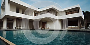 Luxury pool villa spectacular contemporary design digital art real estate , home, house and property, Generative AI