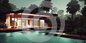 Luxury pool villa spectacular contemporary design digital art real estate , home, house and property, Generative AI