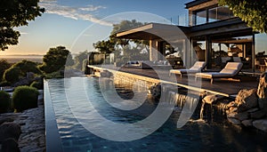 Luxury poolside relaxation in a tranquil tropical landscape at dusk generated by AI