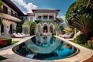 Luxury poolside vacations in resort with elegance, tropical plants and flowers, -11