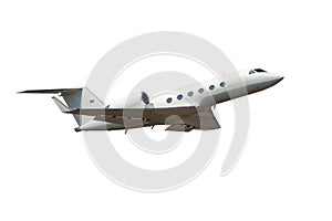 Luxury private jet flies isolated on white background