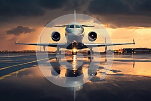 Luxury Private jet, front view on `runaway