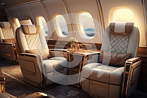 Luxury private jet interior at sunset