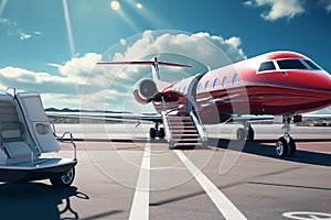 Luxury private jet parked on a tarmac, with its sleek exterior gleaming under the sunlight. Generative AI