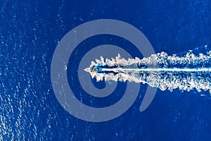 Luxury private speed motor boat. Aerial top view