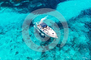 Luxury private speed motor boat. Aerial view