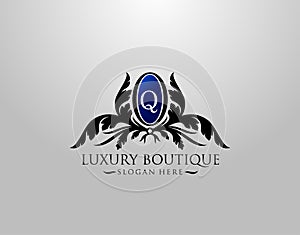 Luxury Q Letter Logo. Vintage Q Premium Badge Design for Royalty, Restaurant, Label, Letter Stamp, Boutique,  Hotel, Heraldic,