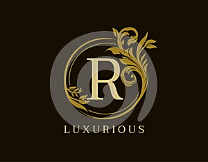 Luxury R Letter Floral Design. Circle Royal R Vintage Logo Icon