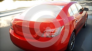 Luxury red car on highway, road. Very fast driving. Travel and car concept. 3d rendering.