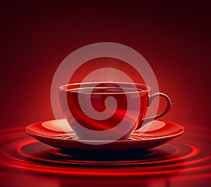 Luxury red cup of tea on saucer with reflective red background