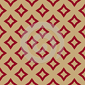 Luxury red and gold vector geometric seamless pattern with rhombuses, diamond shapes, stars, repeat tiles.