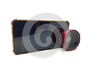 Luxury Red Metallic Selfie Lens with Macro Fish Eye Technology for Phone Camera Accessories in White Isolated Background 20