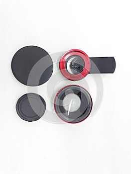 Luxury Red Metallic Selfie Lens with Macro Fish Eye Technology for Phone Camera Accessories in White Isolated Background 08