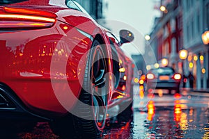 luxury red sports car in the city on road at night. Taillight close-up