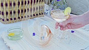 Luxury refreshing cocktail in fancy stylish glasses in romantic outdoor picnic for al fresco dining