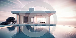 Luxury residential minimalist villa with pool and ocean on horizon. Generative AI